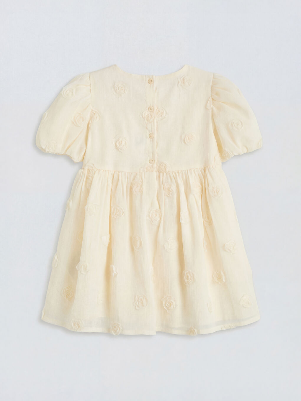 Bej Çiçek Kabartmalı Kız Çocuk Elbise-1