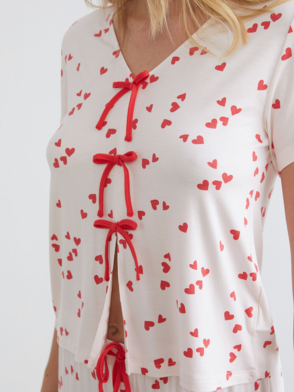 Pembe Bağlama Detaylı Kalp Baskılı Kadın Pijama Takımı-2