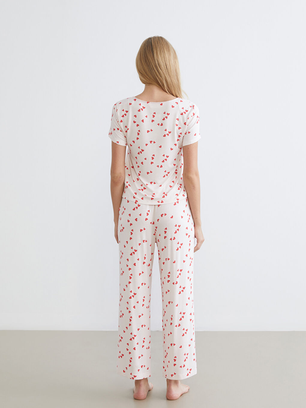 Pembe Bağlama Detaylı Kalp Baskılı Kadın Pijama Takımı-3