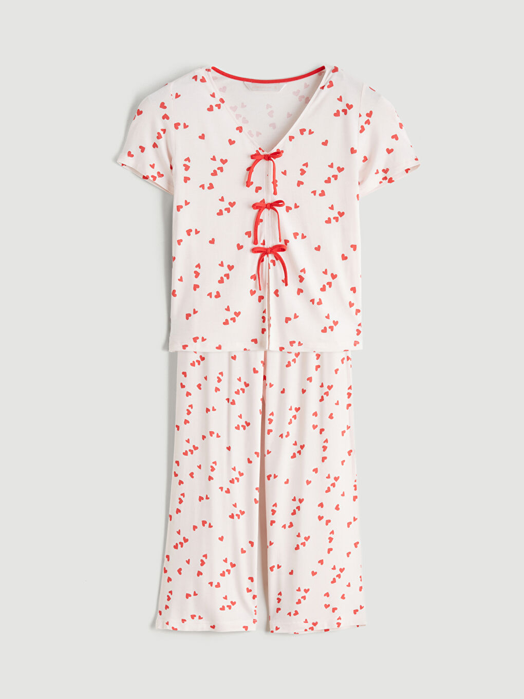 Pembe Bağlama Detaylı Kalp Baskılı Kadın Pijama Takımı-4