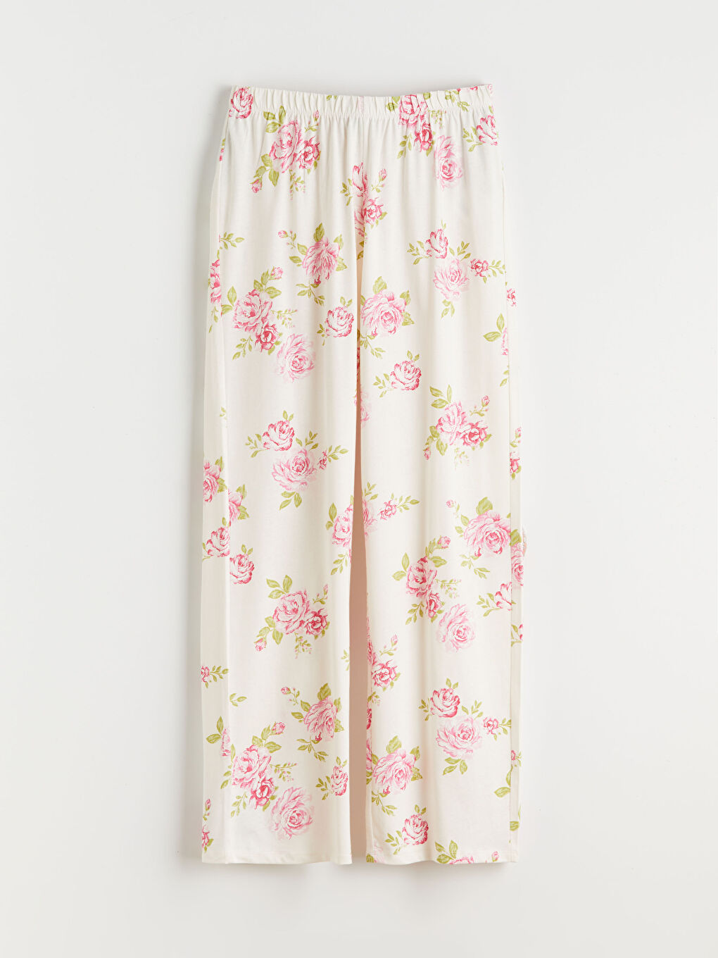 Ekru Beli Lastikli Çiçekli Kadın Pijama Altı