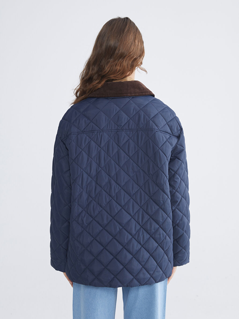 Lacivert Kadife Gömlek Yaka Oversize Kadın Şişme Mont-4