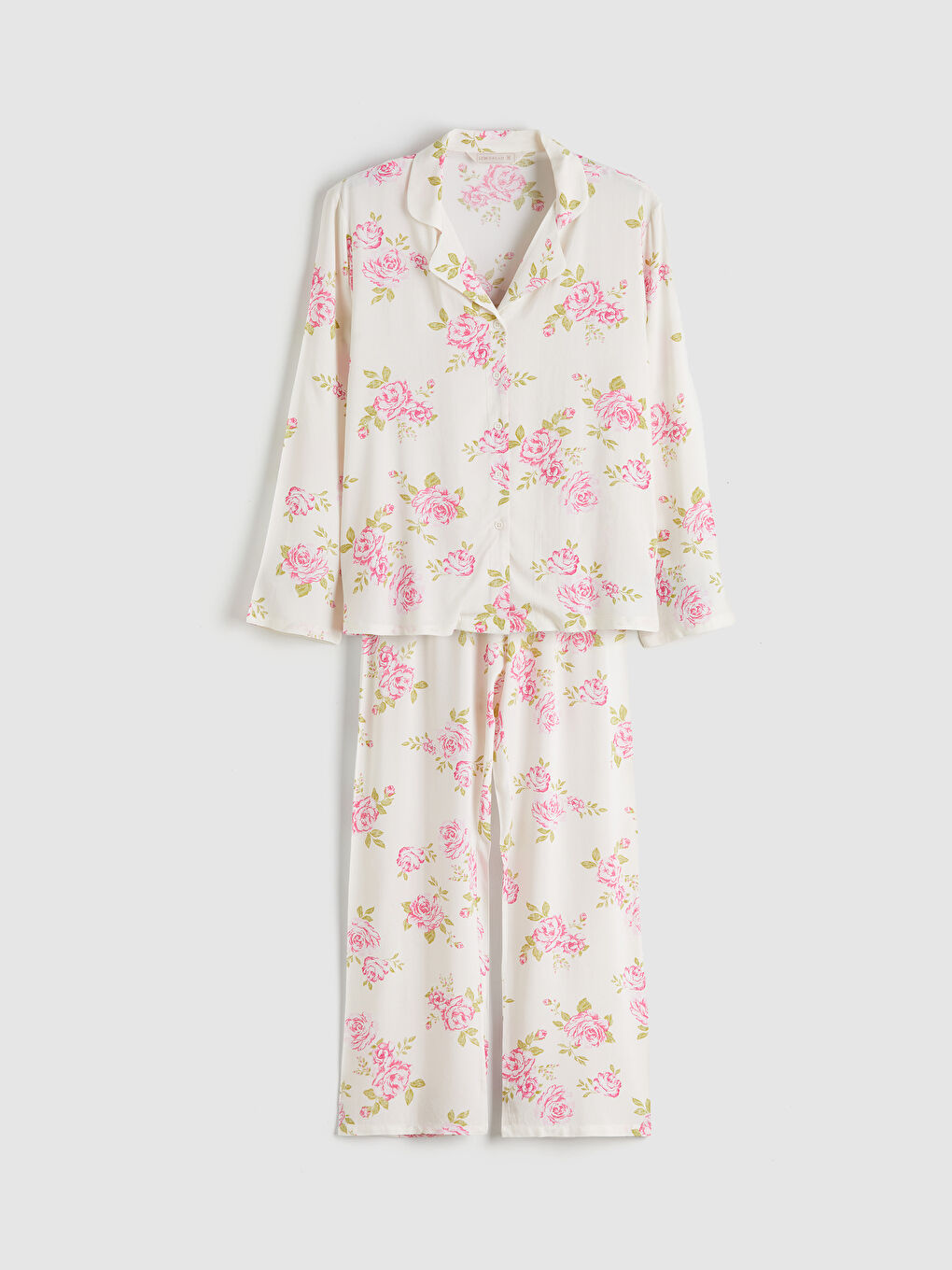 Ekru Gömlek Yaka Çiçekli Kadın Pijama Takım-4