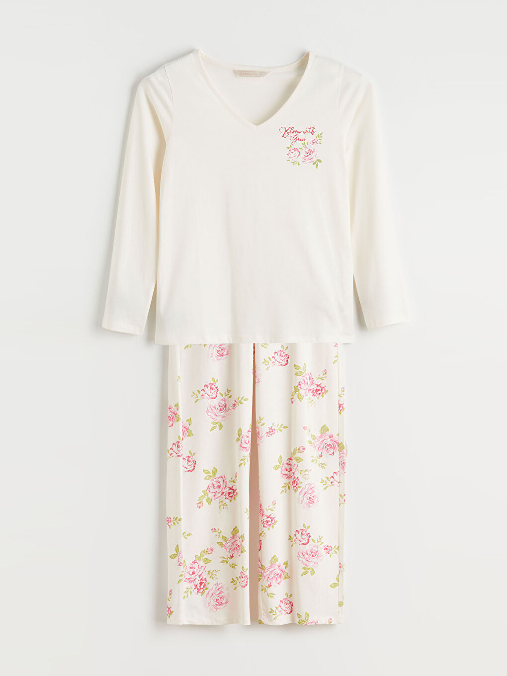 Ekru V Yaka Çiçekli Kadın Pijama Takım-4
