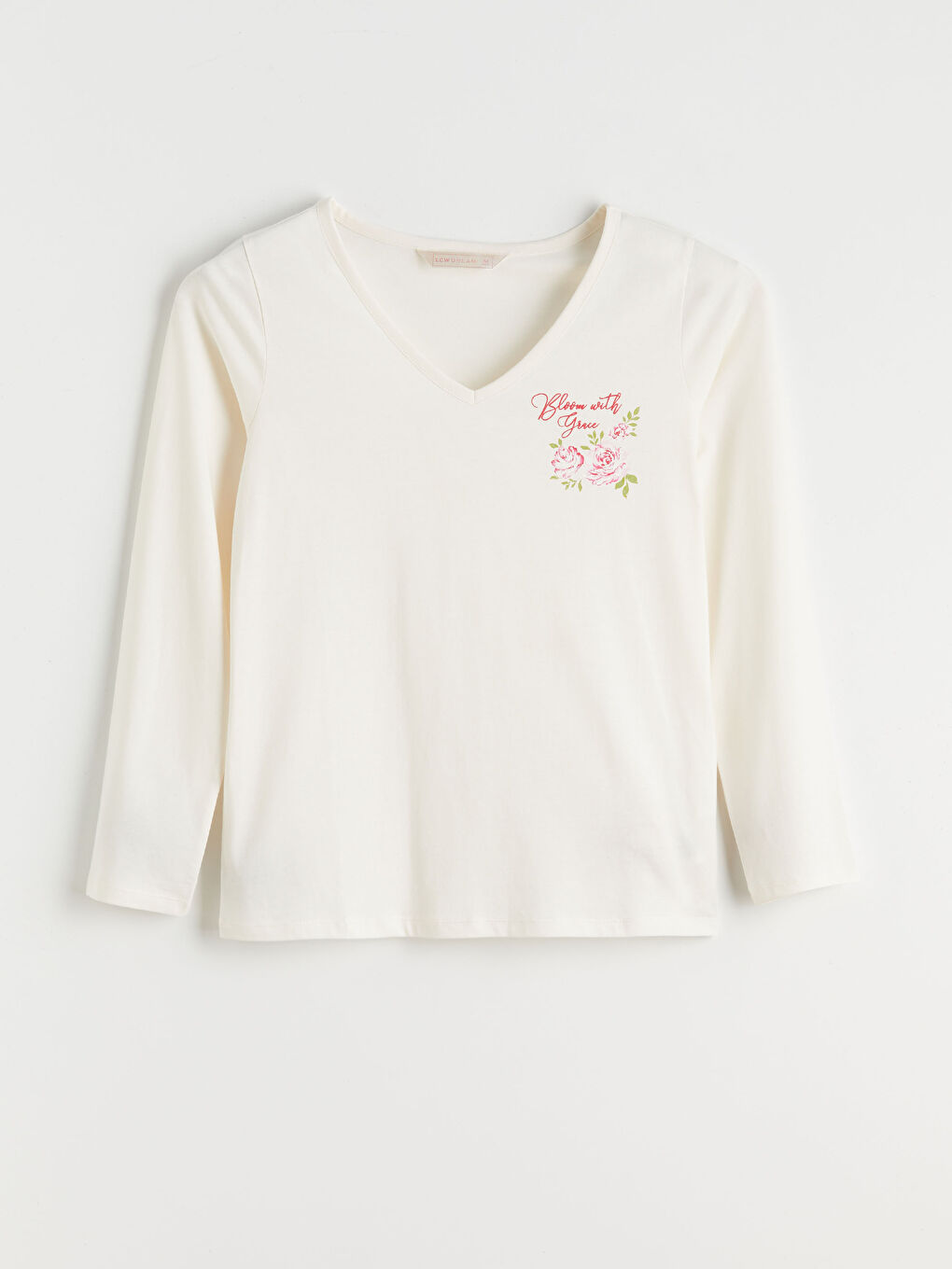 Ekru V Yaka Çiçekli Kadın Pijama Takım-5