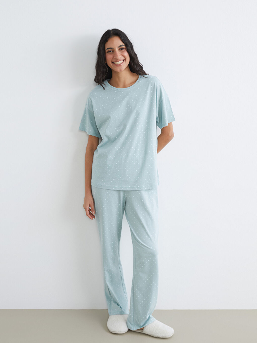 Yeşil Beli Lastikli Puantiyeli Kadın Pijama Altı