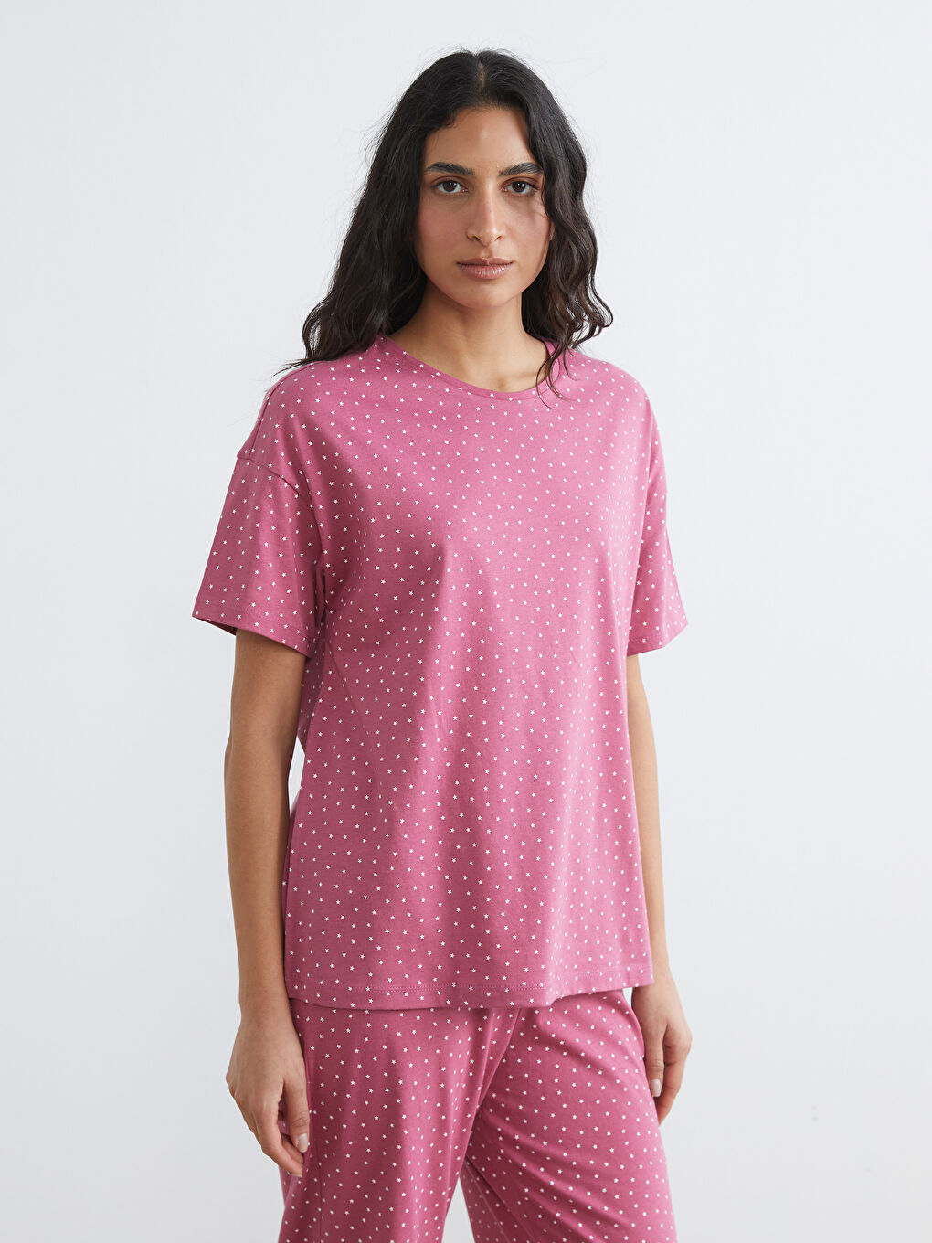 Bordo Bisiklet Yaka Yıldız Desenli Kadın Pijama Takım