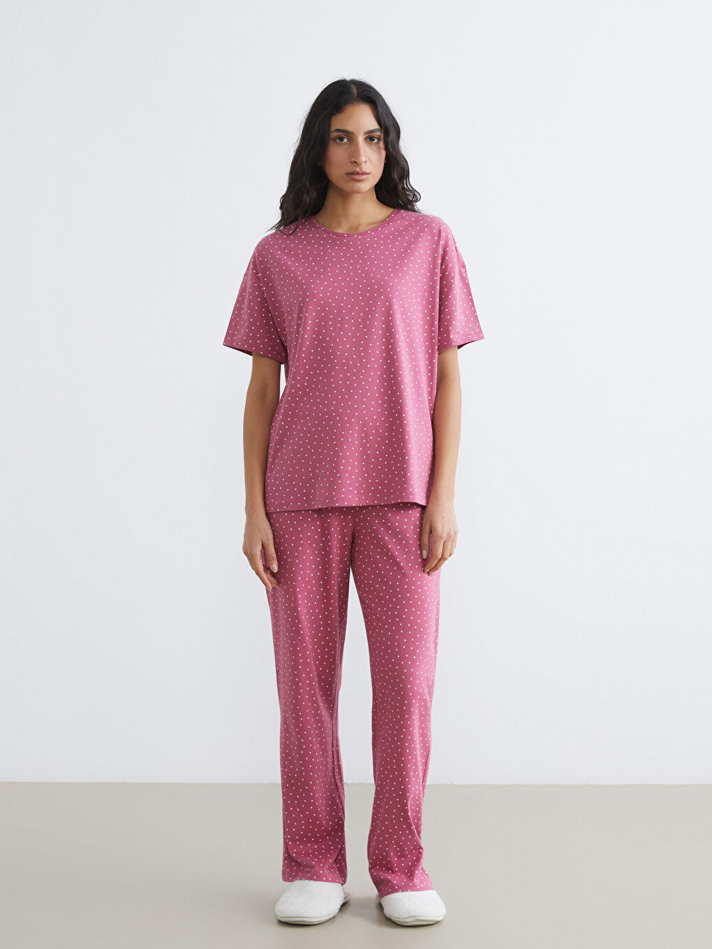 Bordo Bisiklet Yaka Yıldız Desenli Kadın Pijama Takım-1