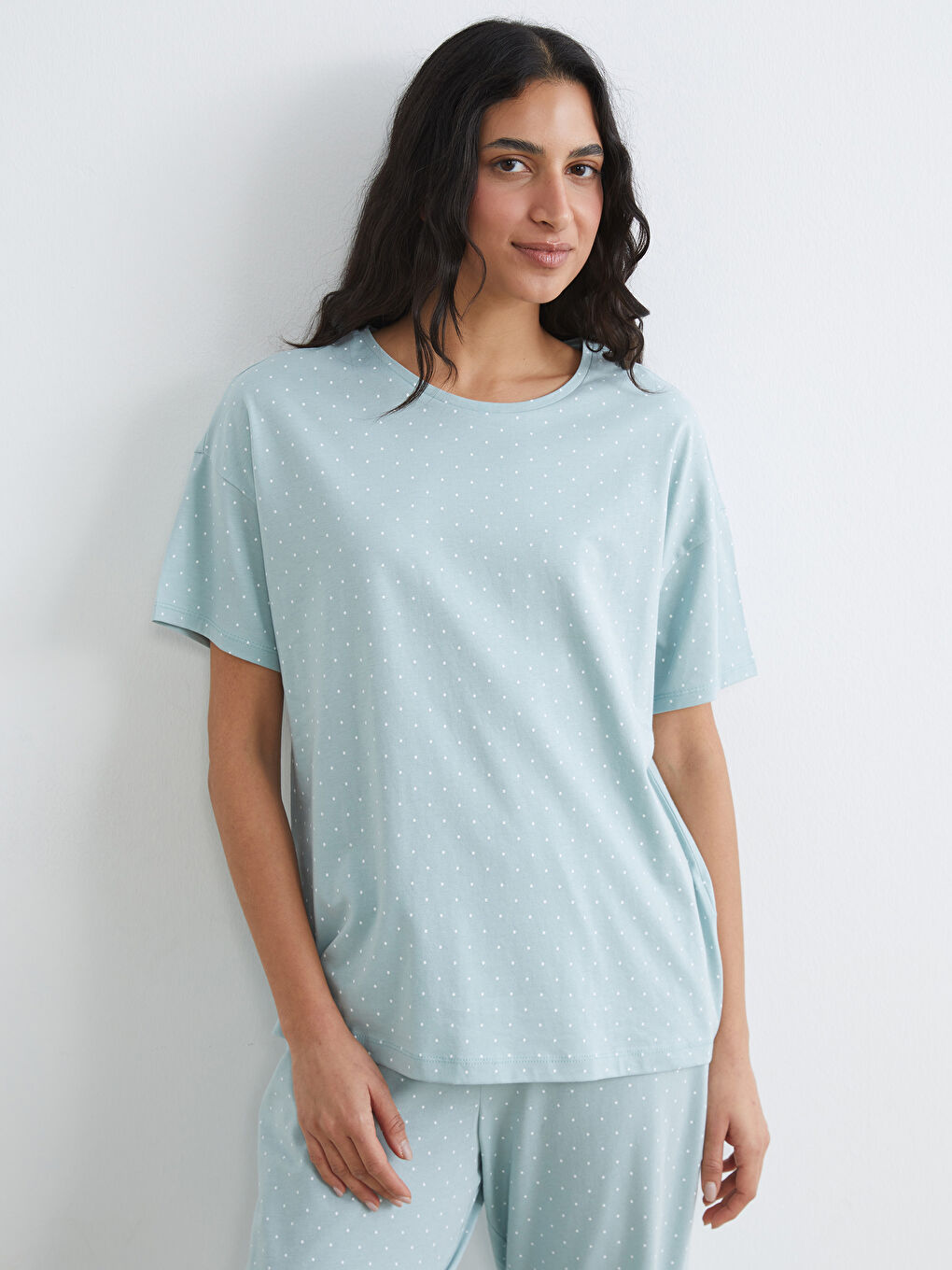 Yeşil Bisiklet Yaka Puantiyeli Kadın Pijama Takım