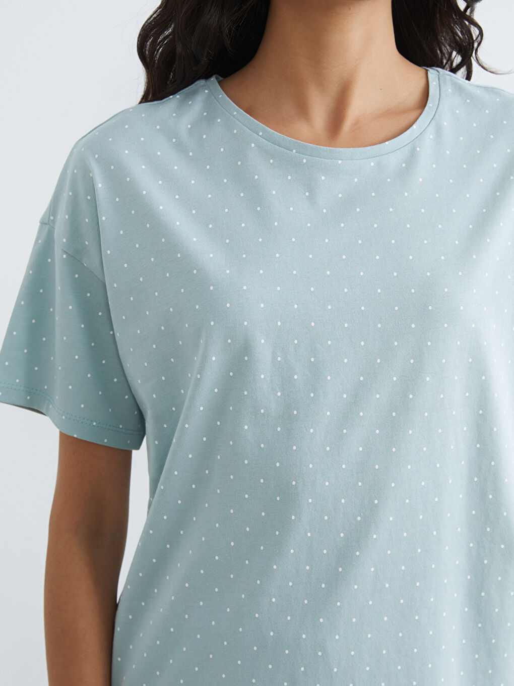 Yeşil Bisiklet Yaka Puantiyeli Kadın Pijama Takım-2