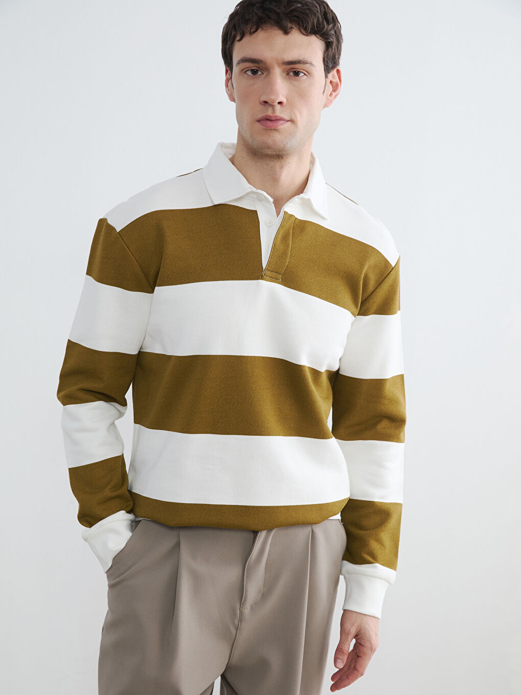 Yeşil Polo Yaka Çizgili Erkek Sweatshirt