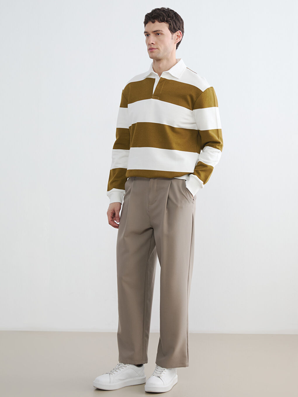 Yeşil Polo Yaka Çizgili Erkek Sweatshirt-1