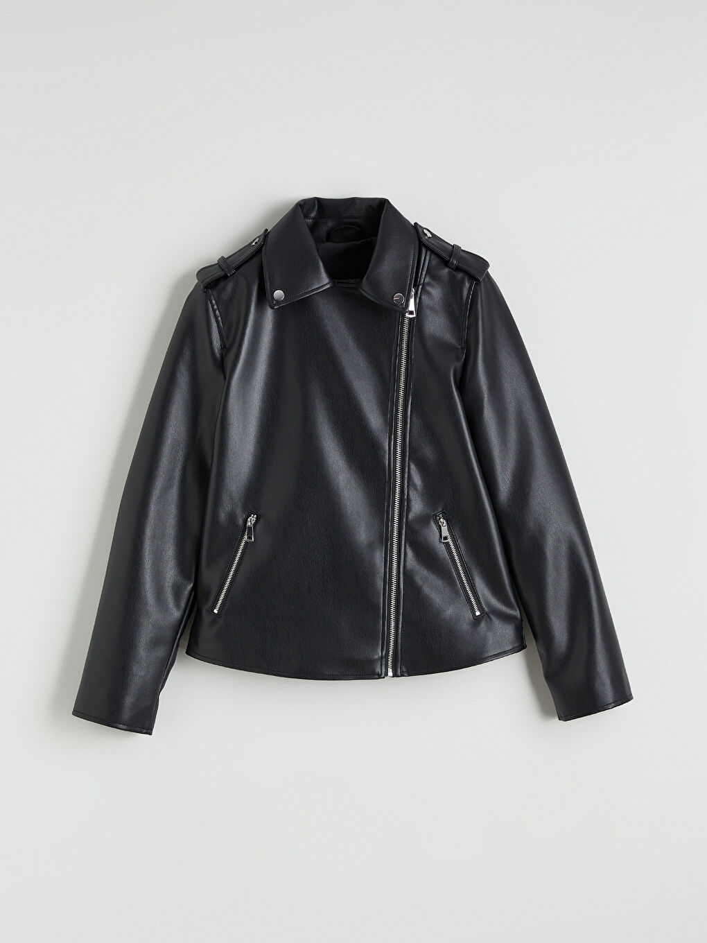 Siyah Biker Yaka Kadın Deri Görünümlü Ceket-6