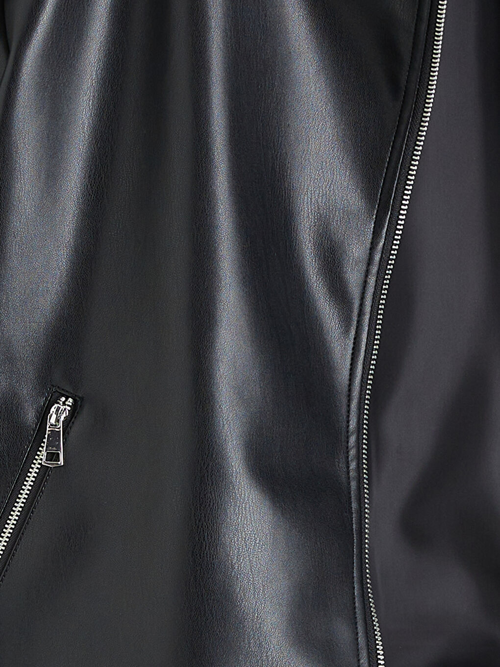 Siyah Biker Yaka Kadın Deri Görünümlü Ceket-7