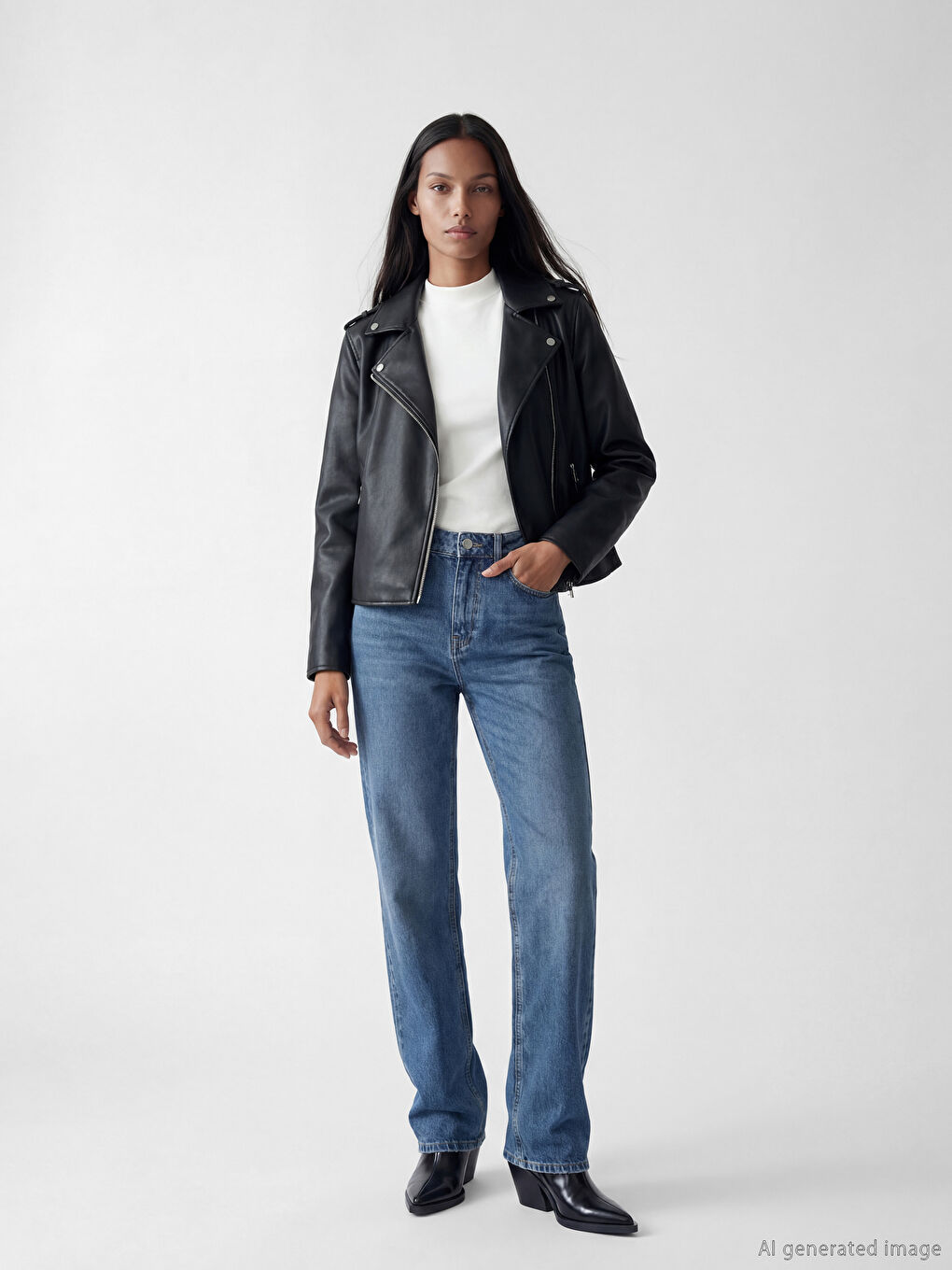 Siyah Biker Yaka Kadın Deri Görünümlü Ceket-2