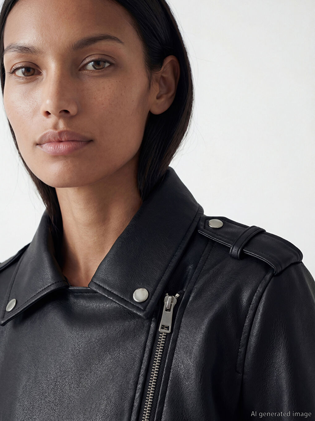 Siyah Biker Yaka Kadın Deri Görünümlü Ceket-4