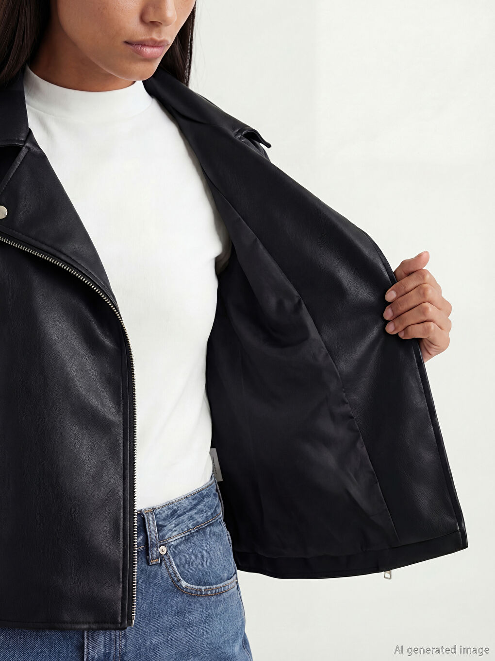 Siyah Biker Yaka Kadın Deri Görünümlü Ceket-6