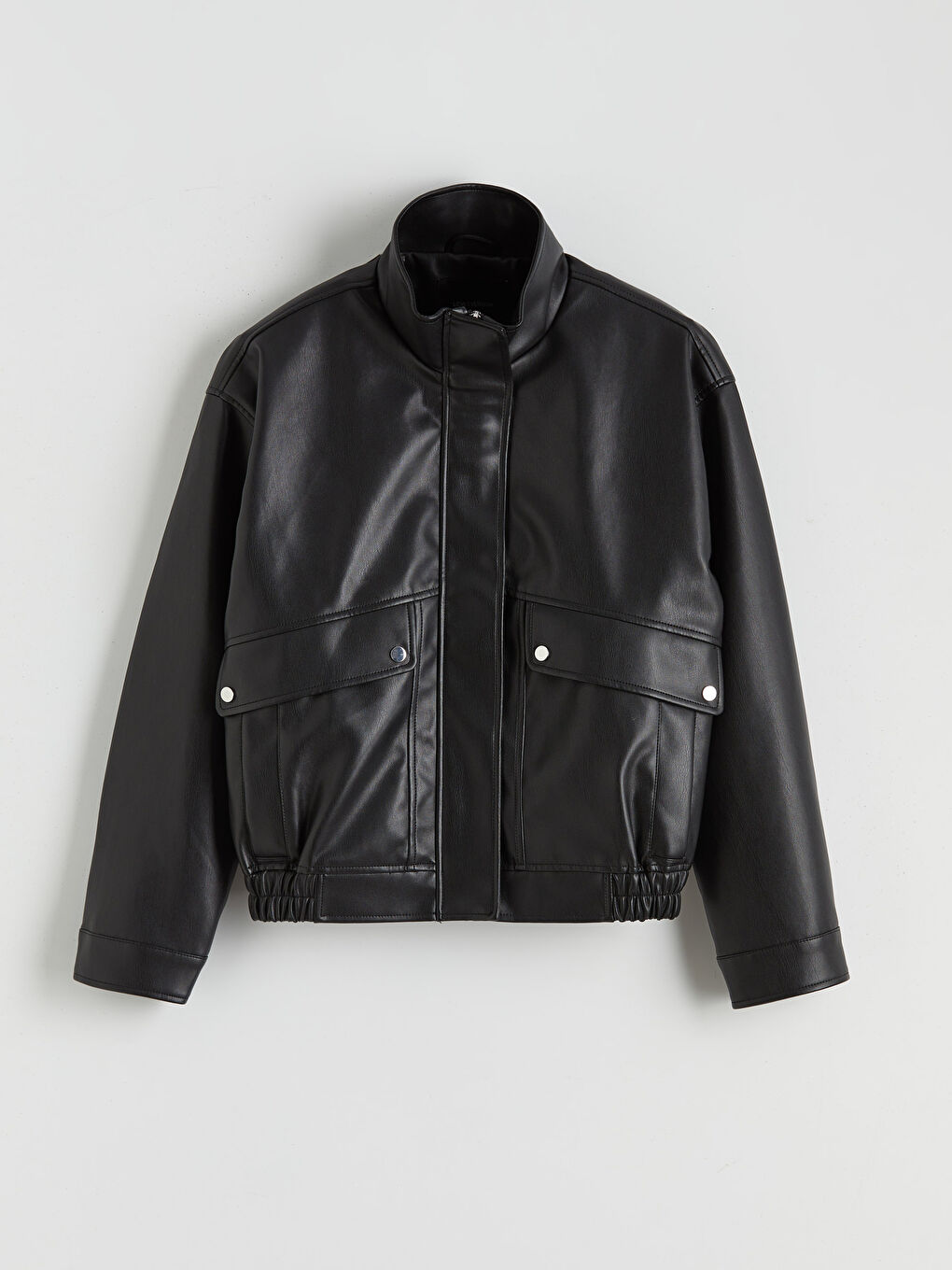 Siyah Dik Yaka Kadın Deri Görünümlü Ceket-5