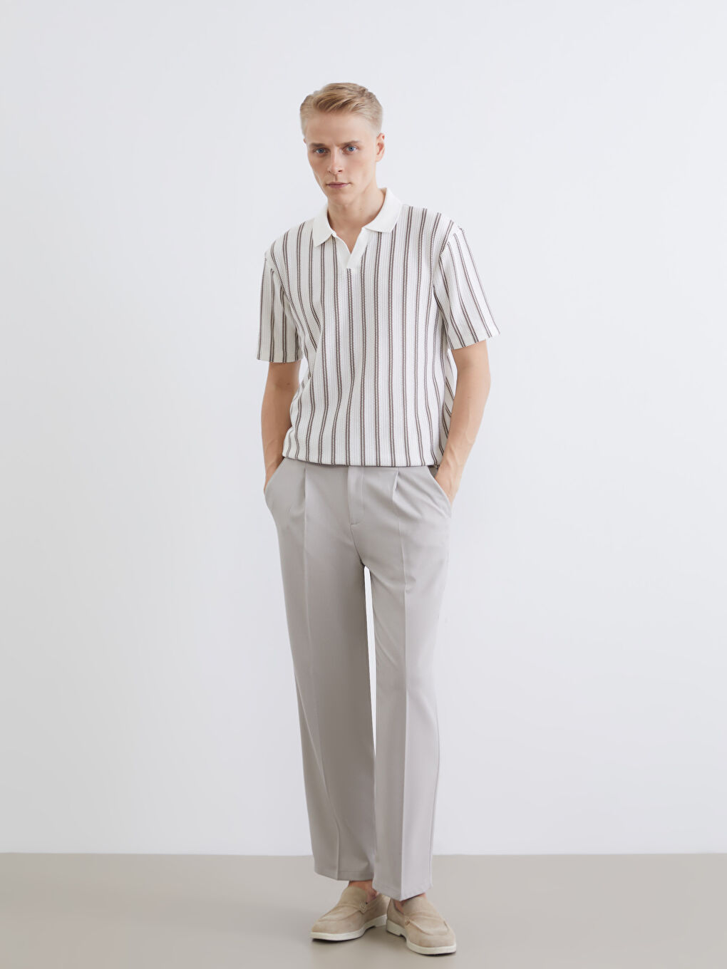 Bej Polo Yaka Çizgili Penye Erkek Tişört-1