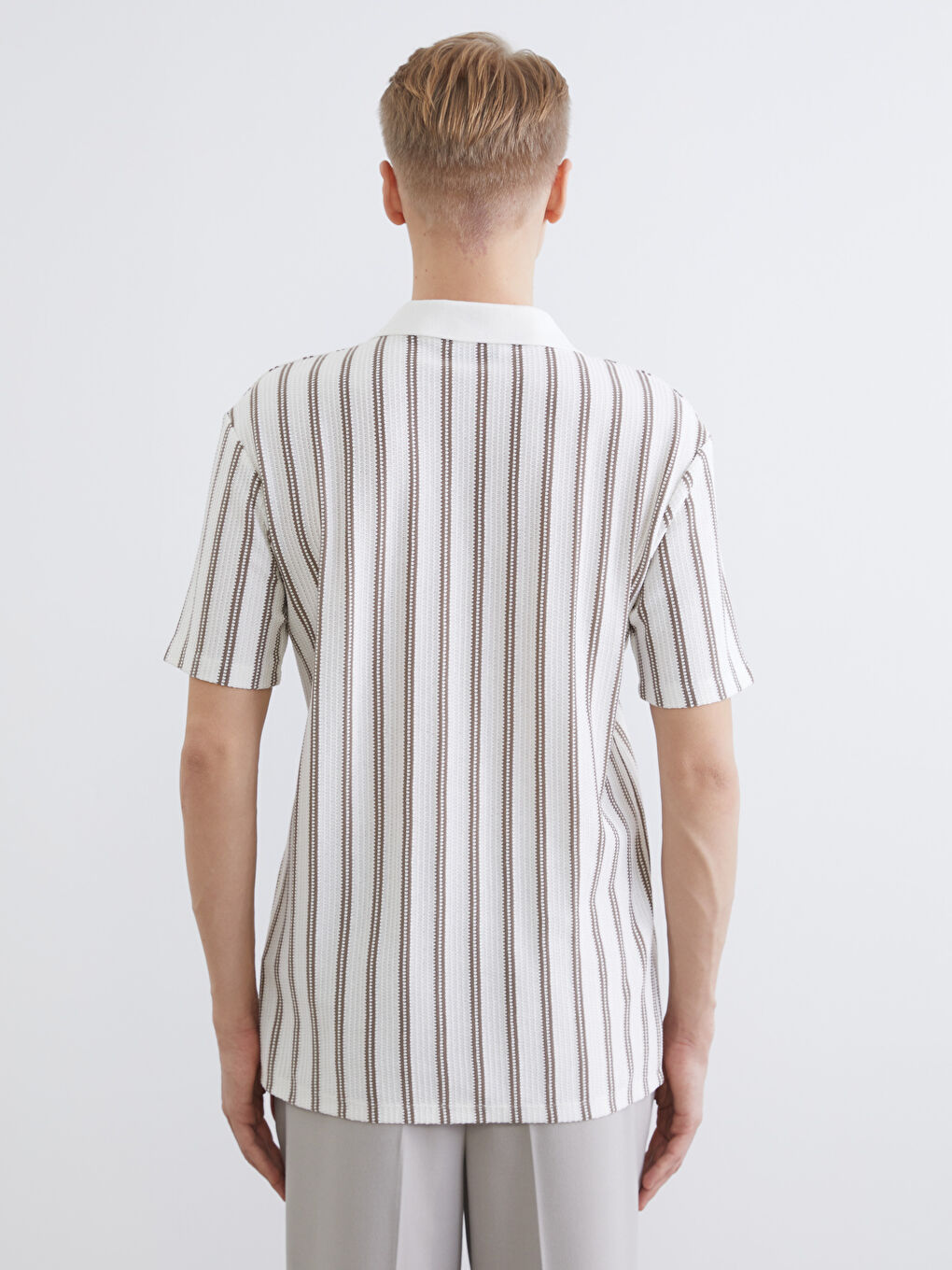 Bej Polo Yaka Çizgili Penye Erkek Tişört-3