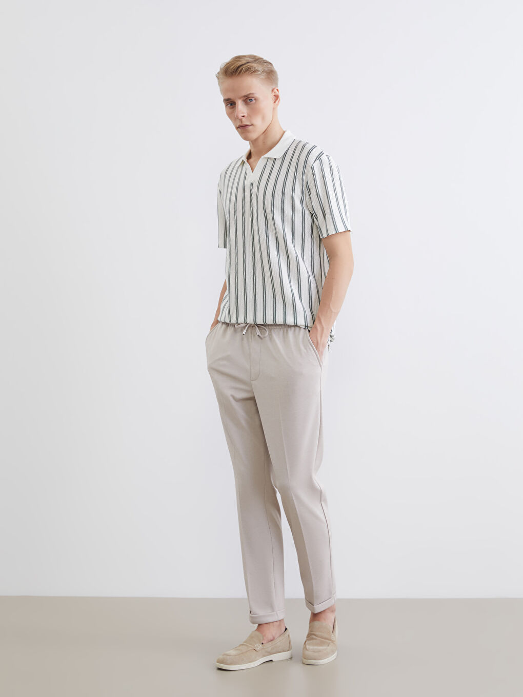 Yeşil Polo Yaka Çizgili Penye Erkek Tişört-1