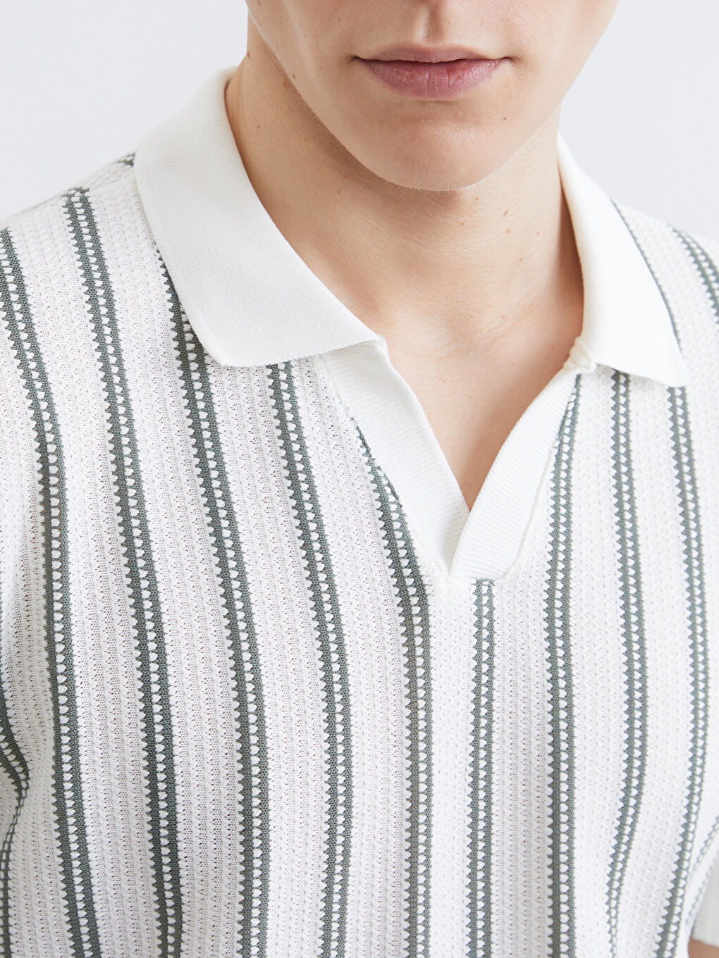 Yeşil Polo Yaka Çizgili Penye Erkek Tişört-2