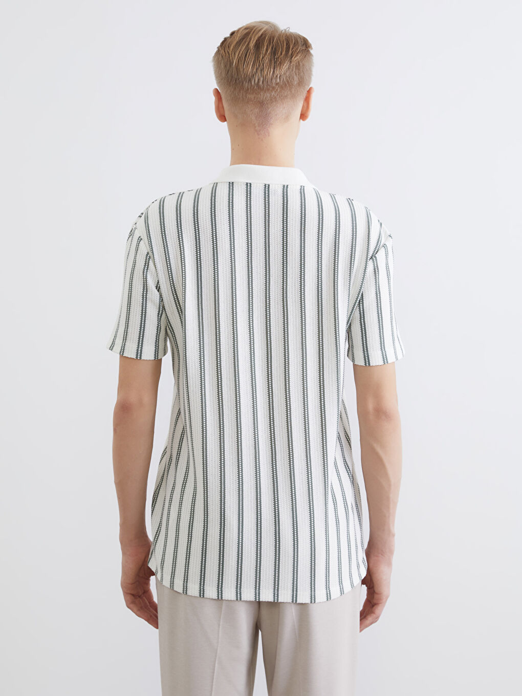 Yeşil Polo Yaka Çizgili Penye Erkek Tişört-3