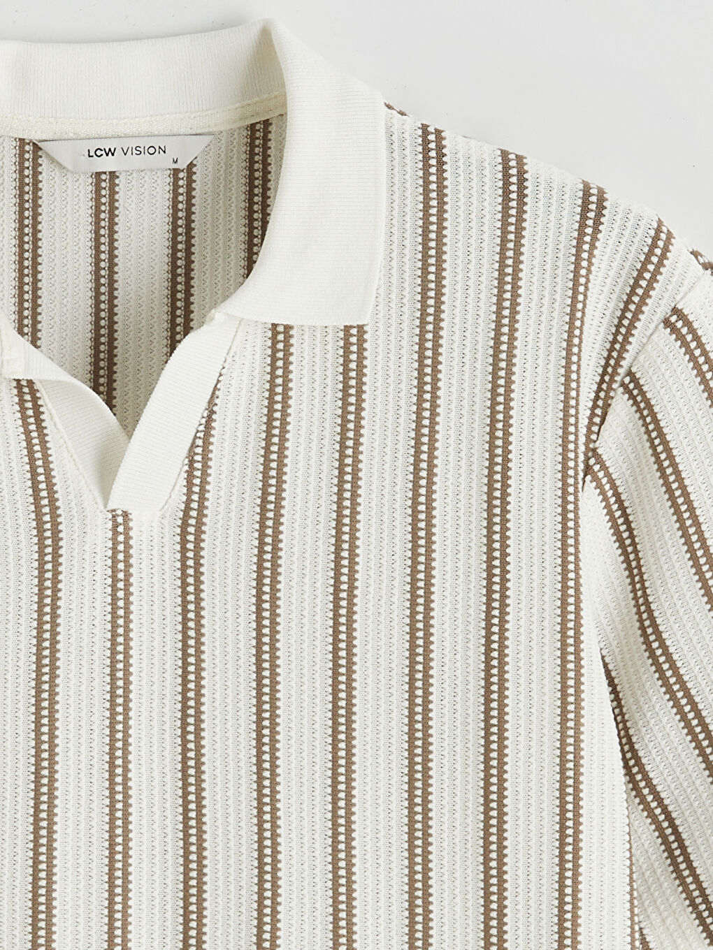 Bej Polo Yaka Çizgili Penye Erkek Tişört-5