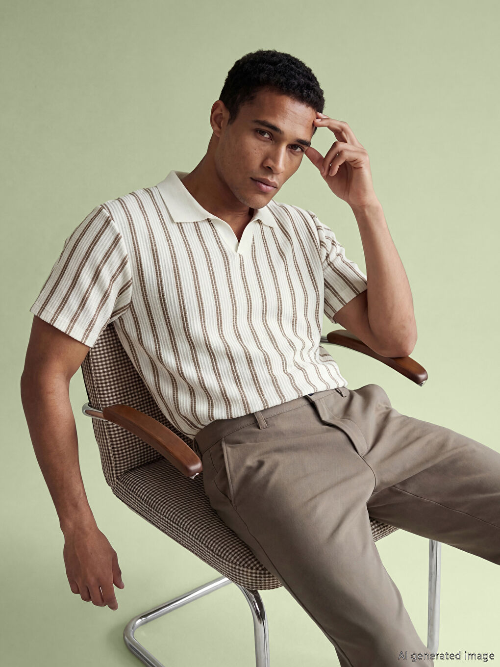 Bej Polo Yaka Çizgili Penye Erkek Tişört