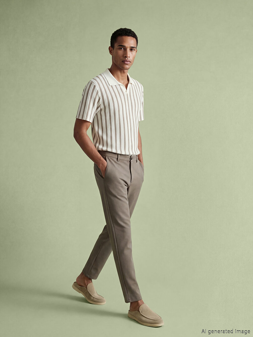 Bej Polo Yaka Çizgili Penye Erkek Tişört-1