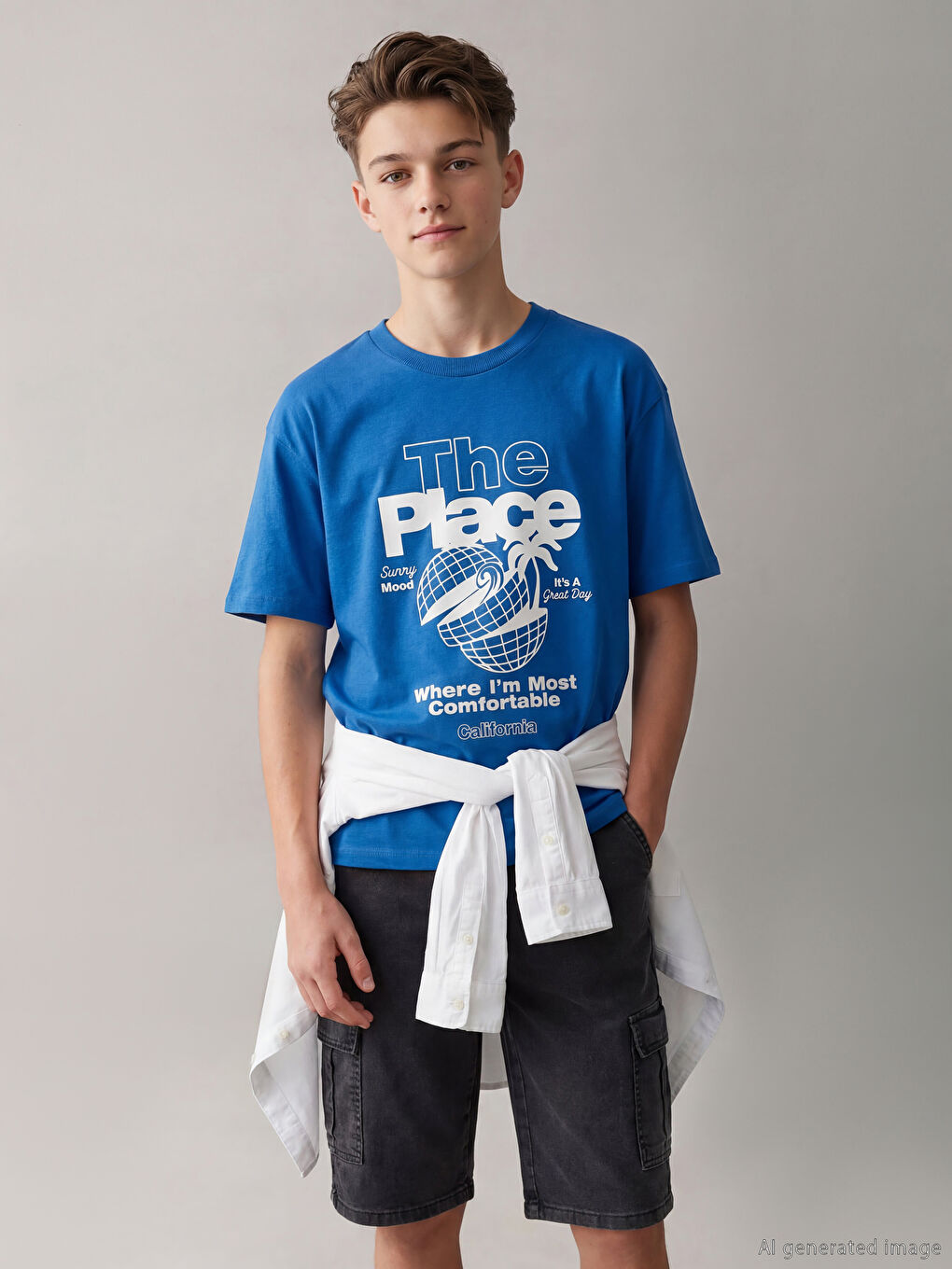 Mavi Bisiklet Yaka California Baskılı Erkek Çocuk Tişört