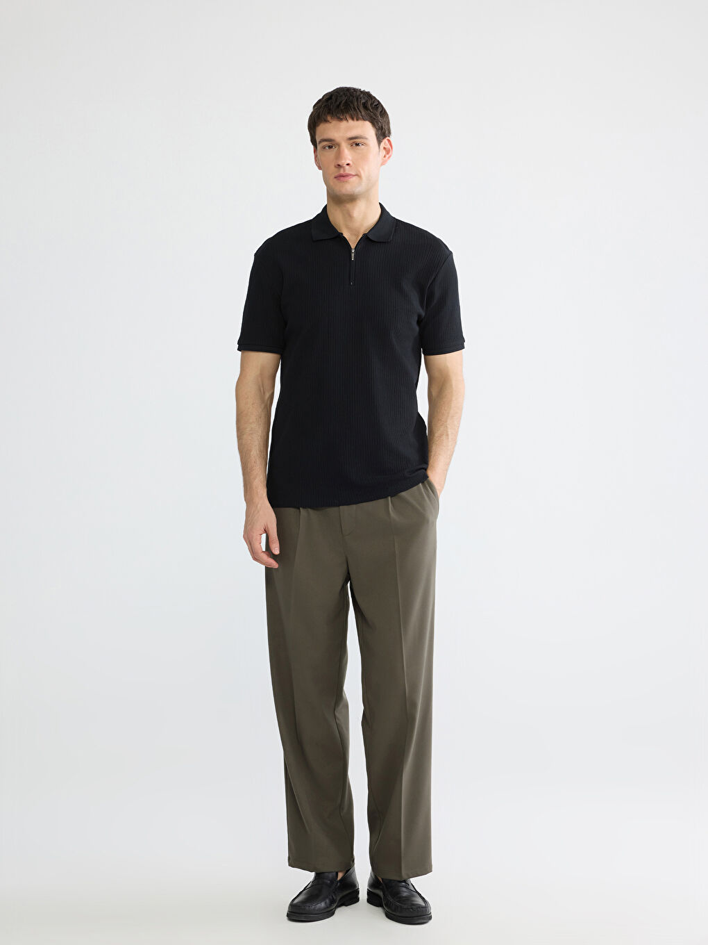 Siyah Polo Yaka Fitilli Erkek Triko Tişört-1