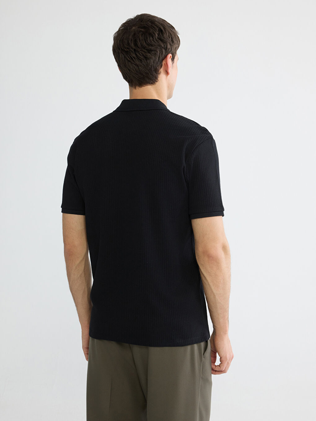Siyah Polo Yaka Fitilli Erkek Triko Tişört-3