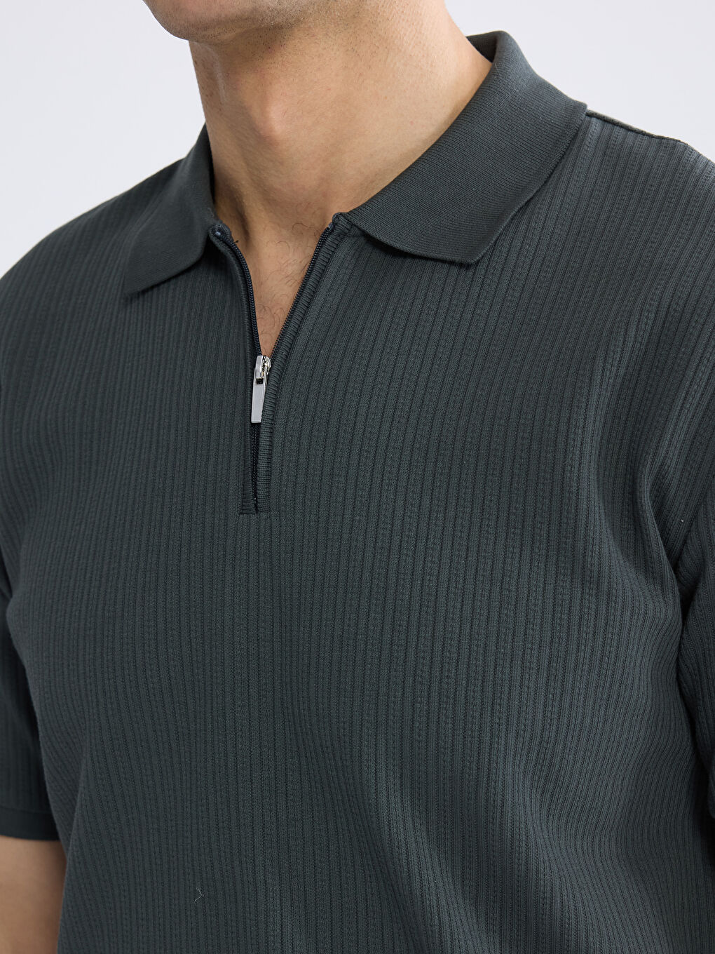 Petrol Polo Yaka Fitilli Erkek Triko Tişört-2