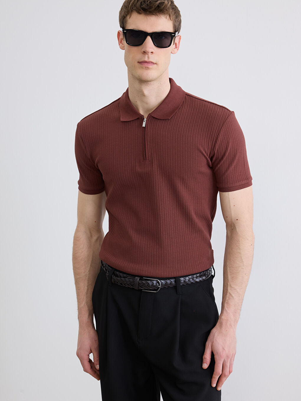 Polo Collar Ribbed Men's Knitwear T-Shirt