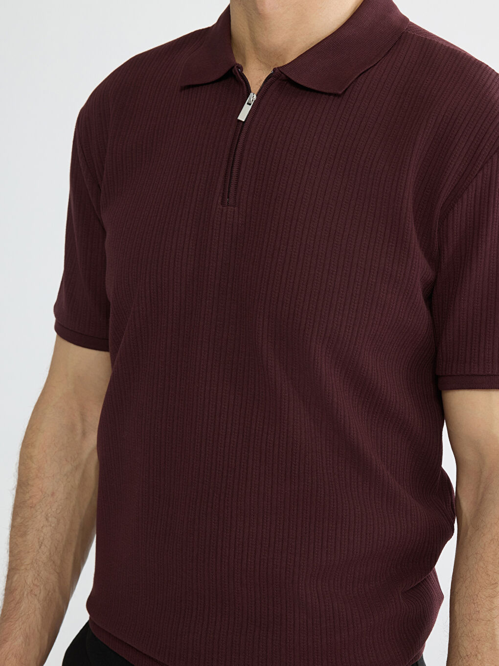 Bordo Polo Yaka Fitilli Erkek Triko Tişört-2