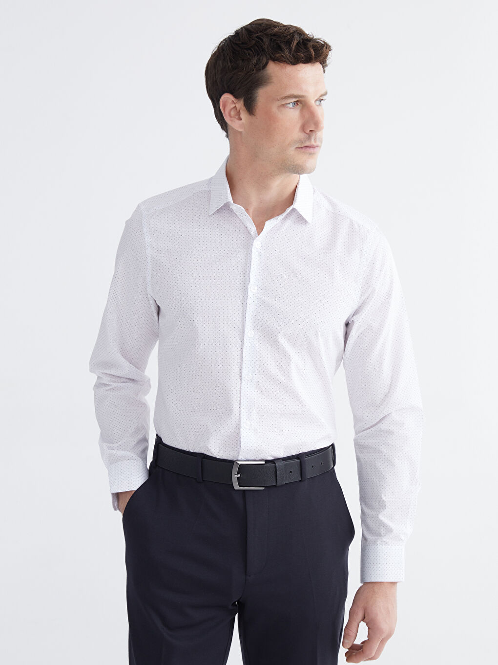 Приталенная мужская рубашка из поплина с длинным рукавом и узором-1
