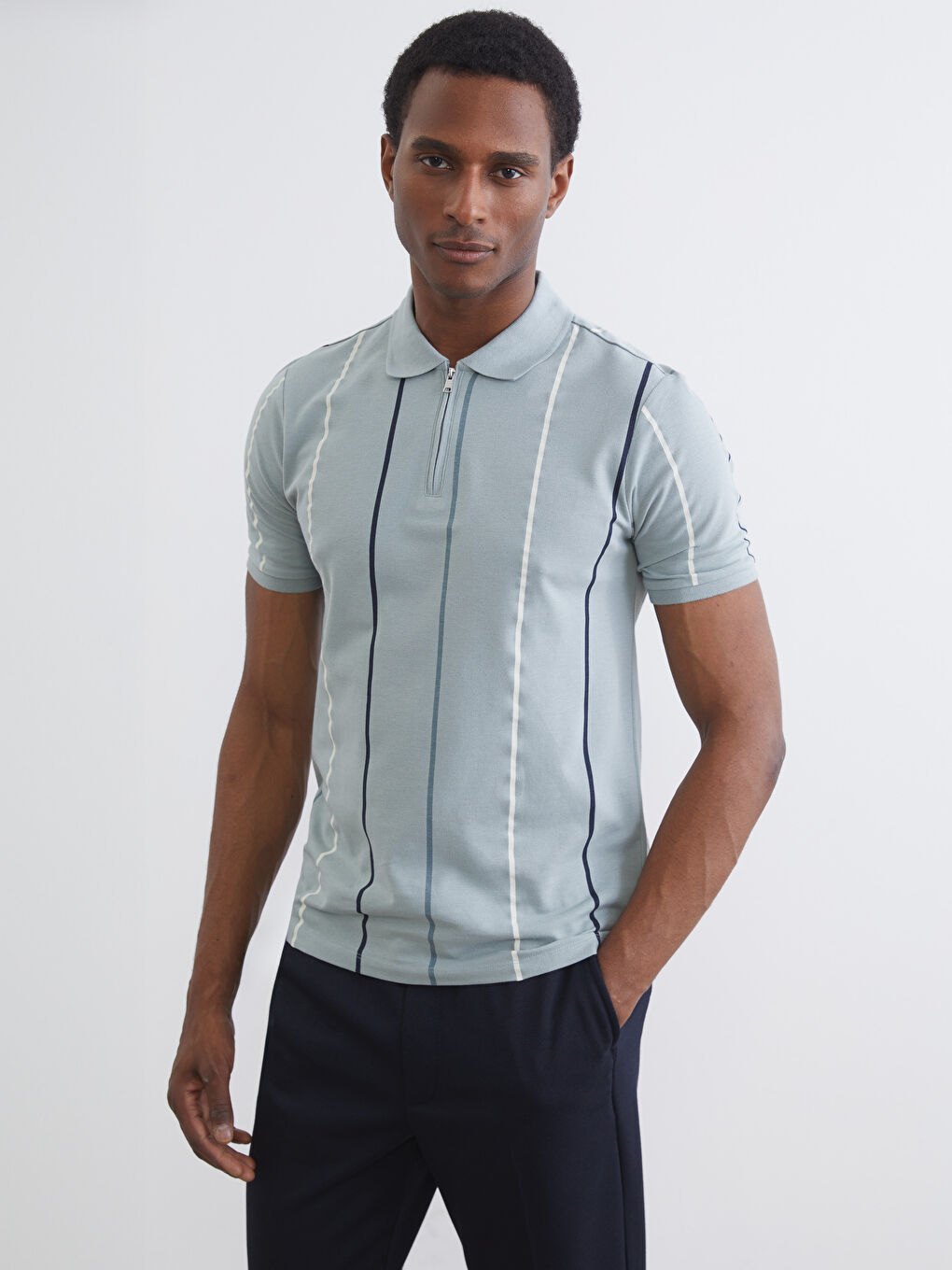 Yeşil Polo Yaka Çizgili Pike Erkek Tişört