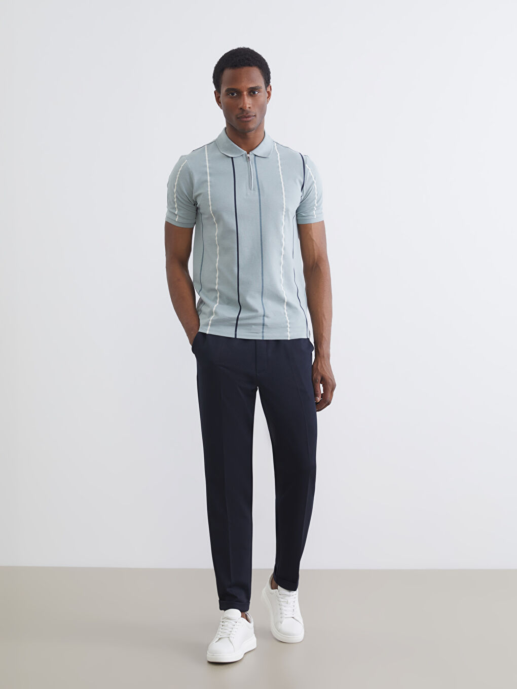 Yeşil Polo Yaka Çizgili Pike Erkek Tişört-1