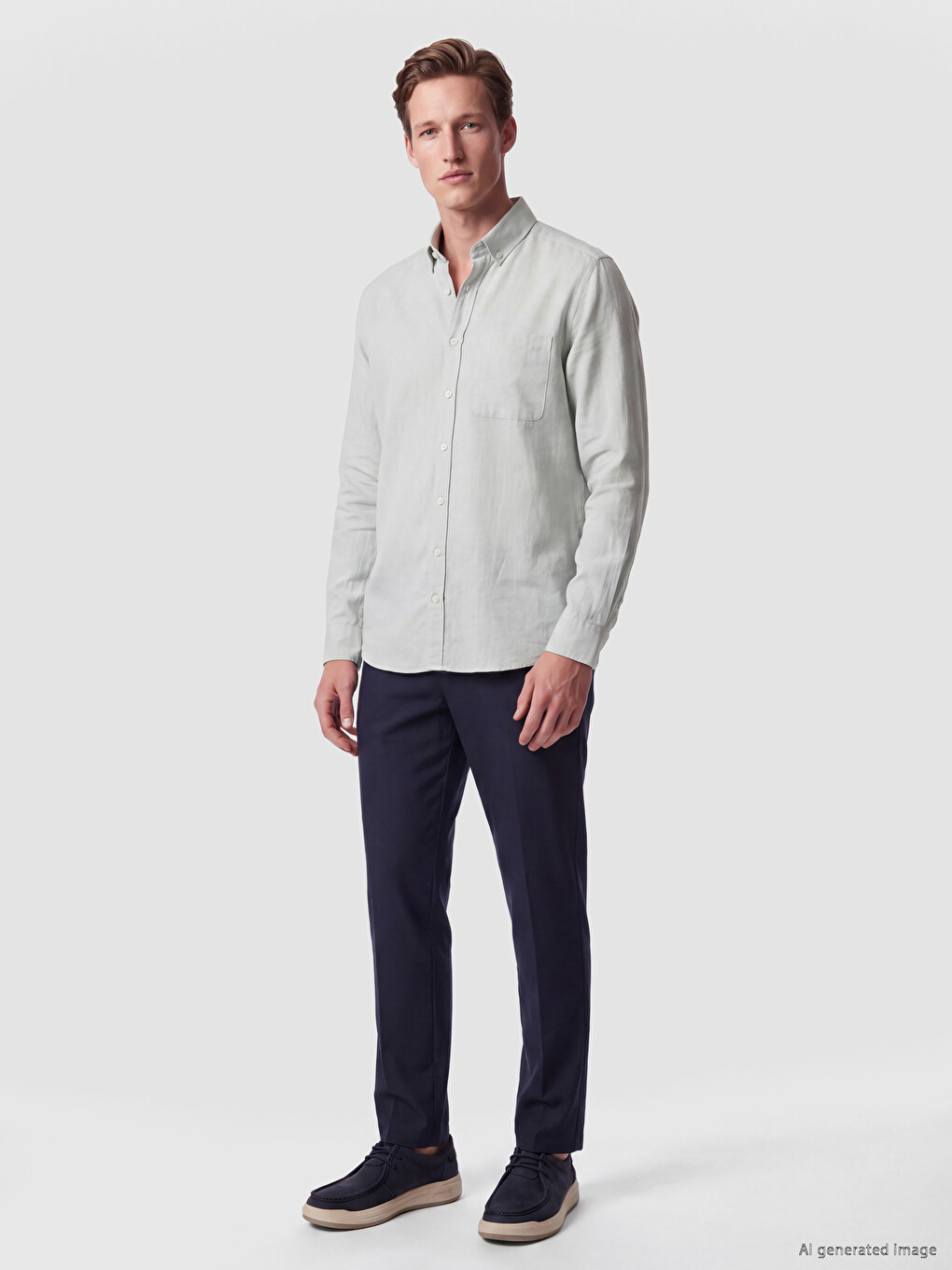 Yeşil Regular Fit Keten Karışımlı Erkek Gömlek-1