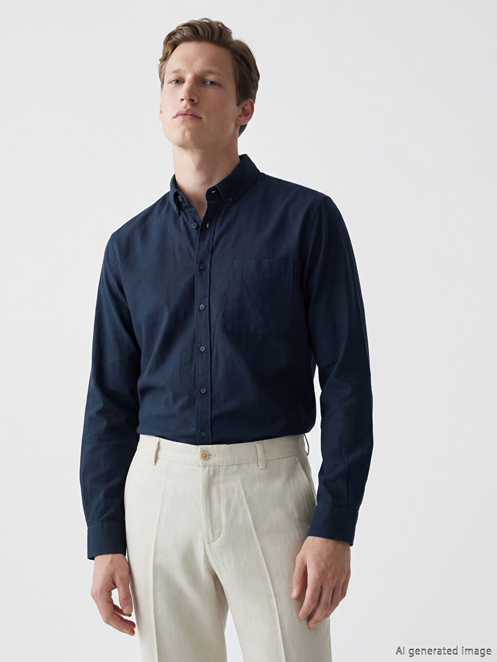 Lacivert Regular Fit Keten Karışımlı Erkek Gömlek