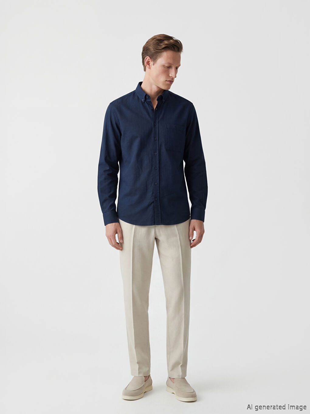 Lacivert Regular Fit Keten Karışımlı Erkek Gömlek-1