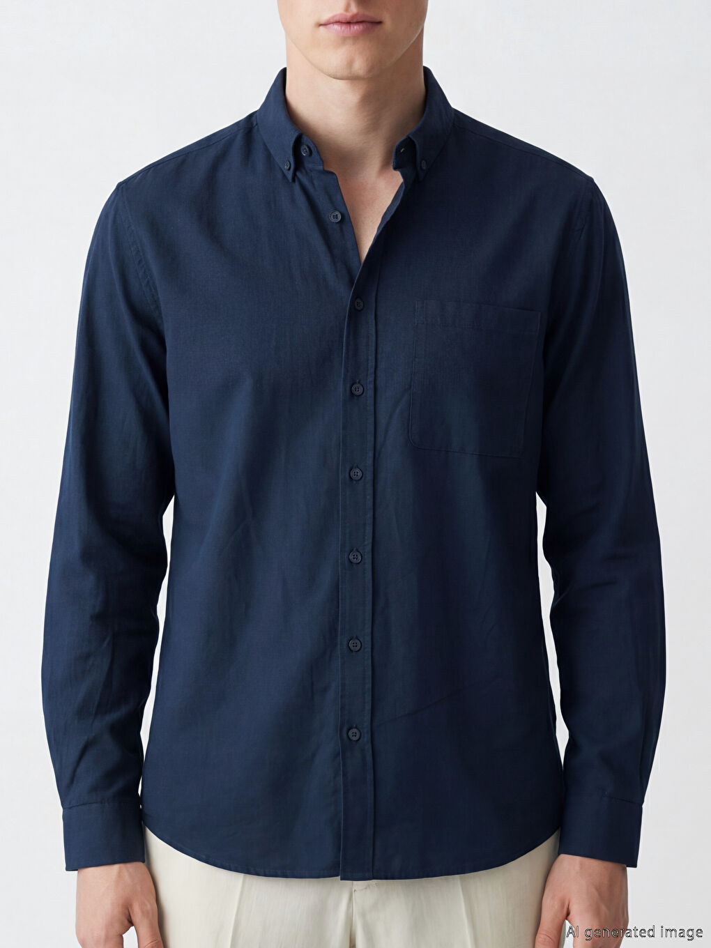 Lacivert Regular Fit Keten Karışımlı Erkek Gömlek-2