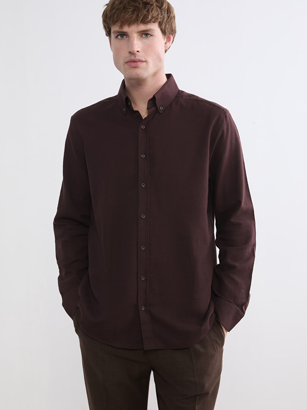 Kahverengi Regular Fit Armürlü Erkek Gömlek