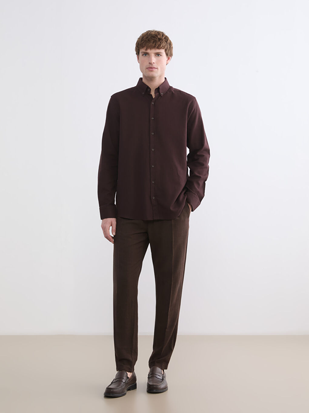 Kahverengi Regular Fit Armürlü Erkek Gömlek-1