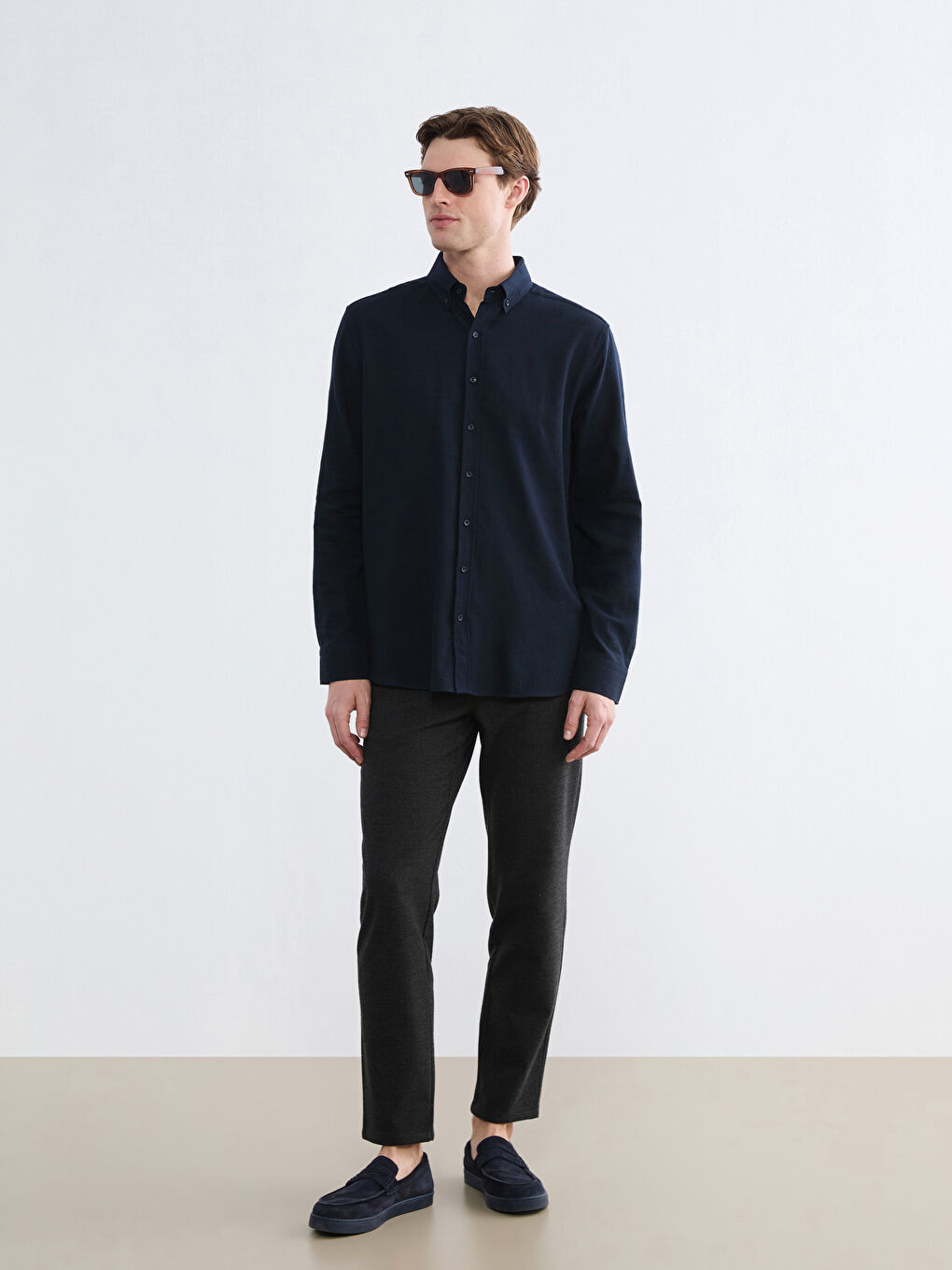 Lacivert Regular Fit Armürlü Erkek Gömlek-1