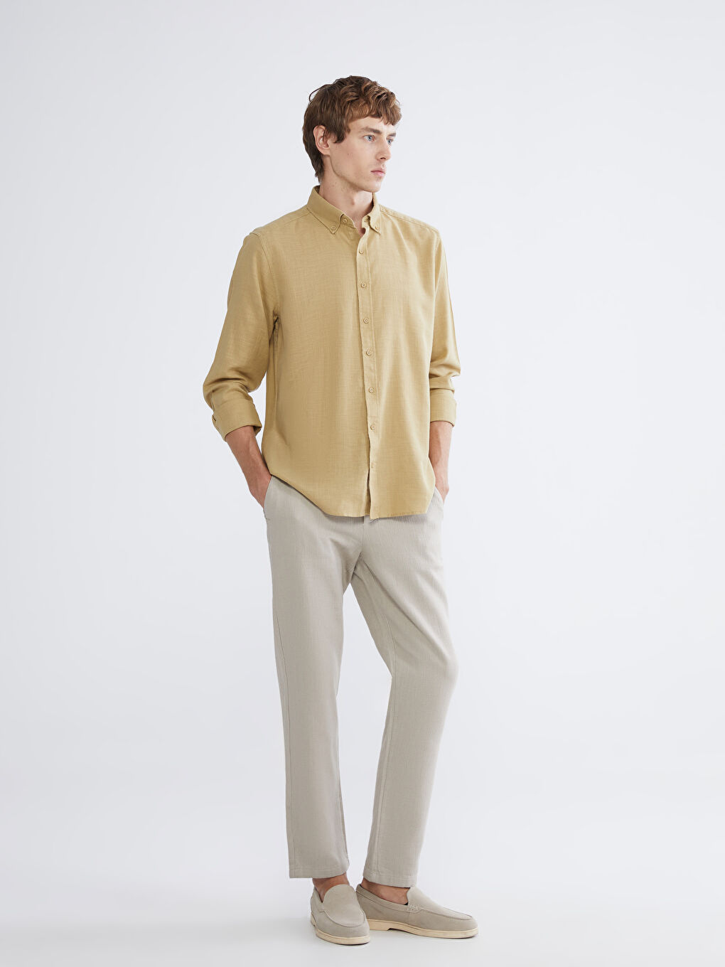 Bej Regular Fit Armürlü Erkek Gömlek-1