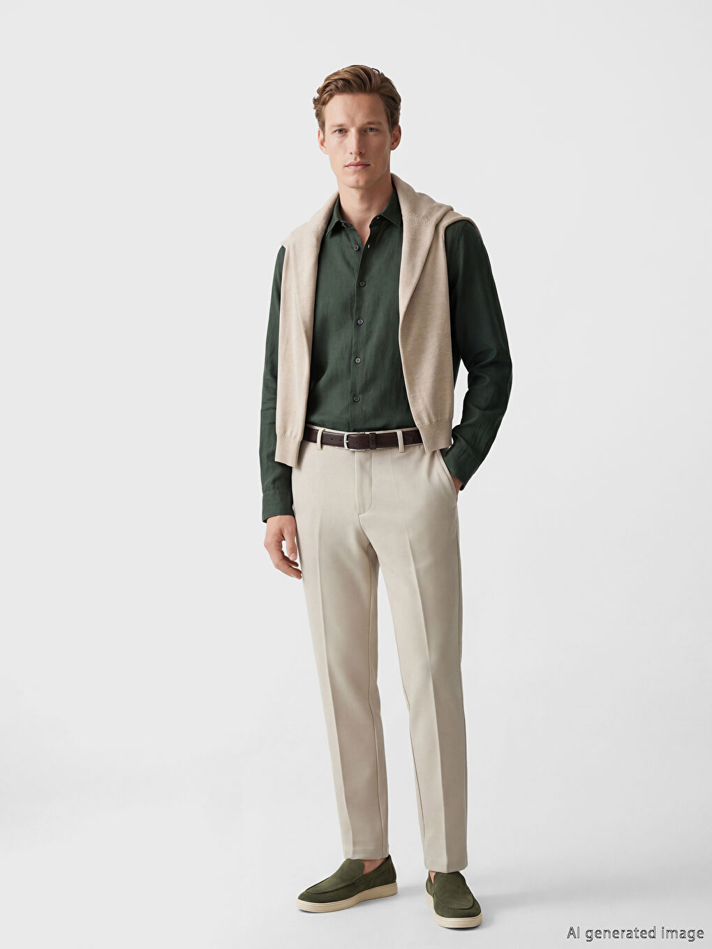 Haki Regular Fit Keten Erkek Gömlek-1