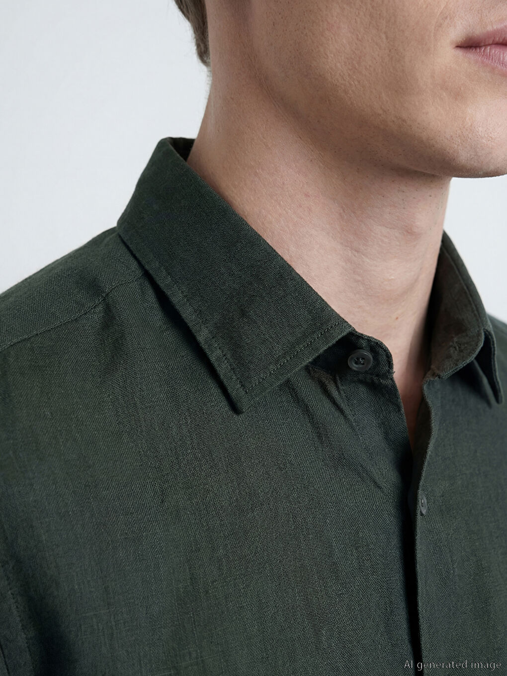 Haki Regular Fit Keten Erkek Gömlek-2