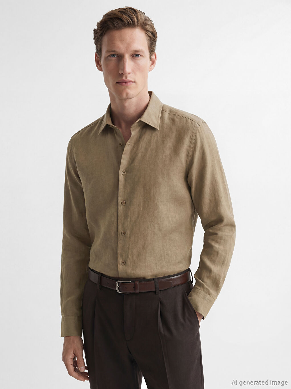 Kahverengi Regular Fit %100 Keten Erkek Gömlek